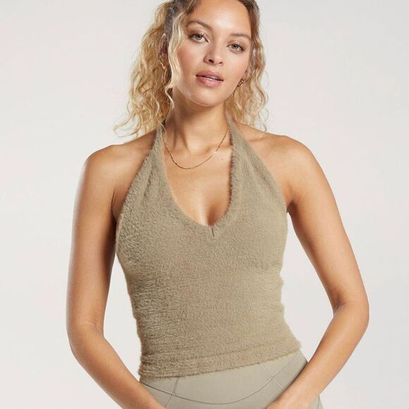 Gymshark WHITNEY SIMMONS EYELASH KNIT MIDI HALTER TOP cement brown size XS - Picture 1 of 10